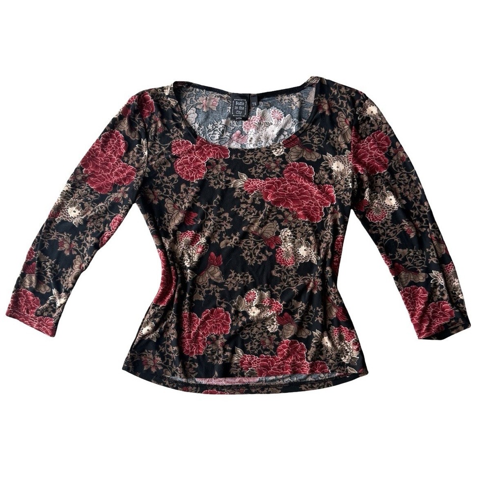 Vtg Y2K Floral Top Petite S Stretch Fairy Grunge Goth Boho Peony chinoiserie 90s